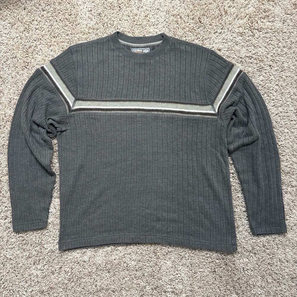 Y2K 2000s Urban Up Pipeline skater green w/ stripe crewneck sweater, size large